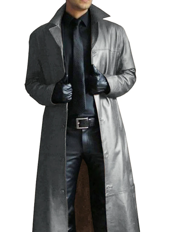 "Manteau long en cuir homme, élégant, cuir raffiné, revers classiques, style intemporel, durable et polyvalent."