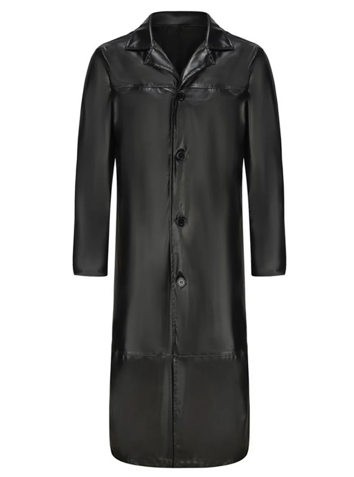 "Manteau long en cuir homme, élégant, cuir raffiné, revers classiques, style intemporel, durable et polyvalent."