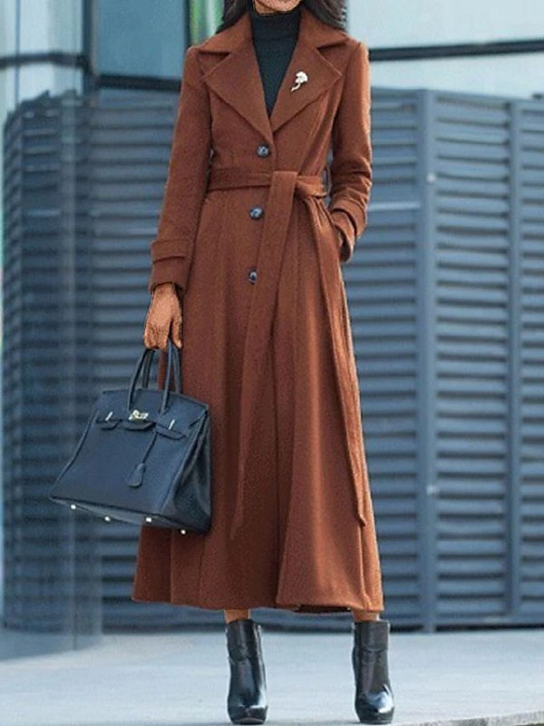"Manteau long en laine pour femmes avec ceinture, col à revers, élégant et chaud, disponible en marron, noir, rouge, vert."