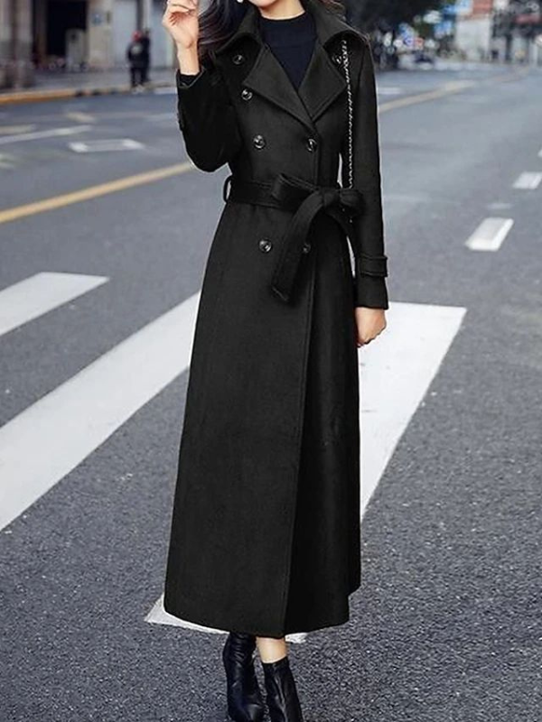 "Manteau long en laine pour femmes avec ceinture, col à revers, élégant et chaud, disponible en marron, noir, rouge, vert."