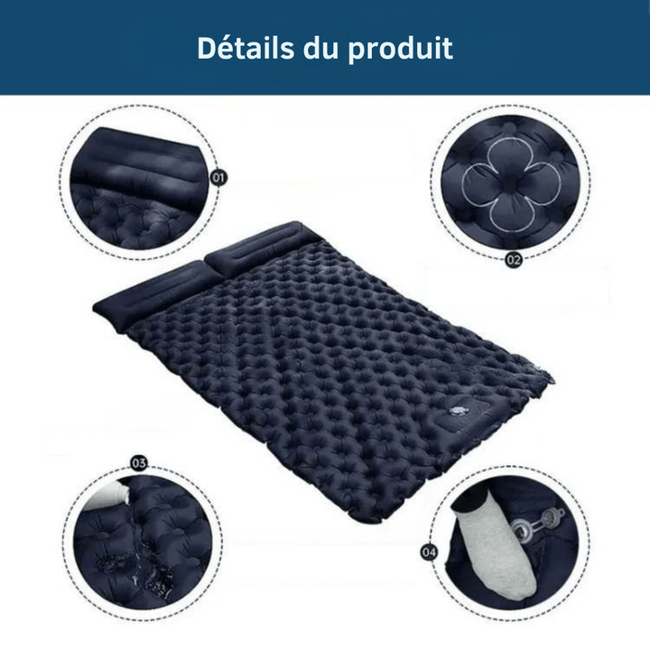 Matelas gonflable double léger et résistant, idéal pour le camping, bleu clair, structure alvéolée pour un confort maximal.