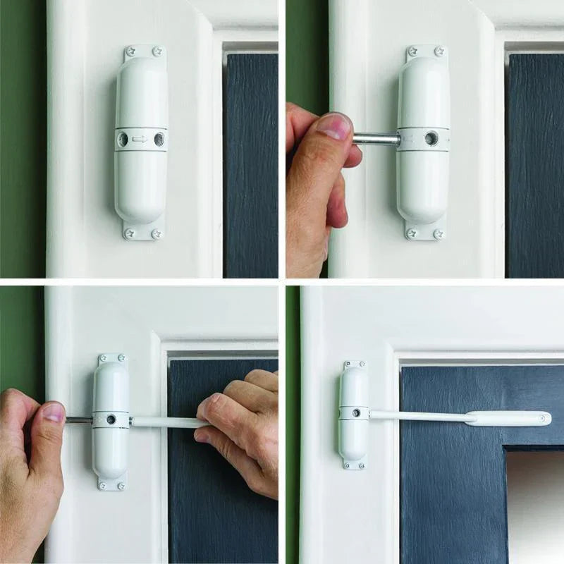 Mécanisme de porte automatique gris, fermeture douce et silencieuse, sécurisé pour maison moderne; prévient les courants d'ai