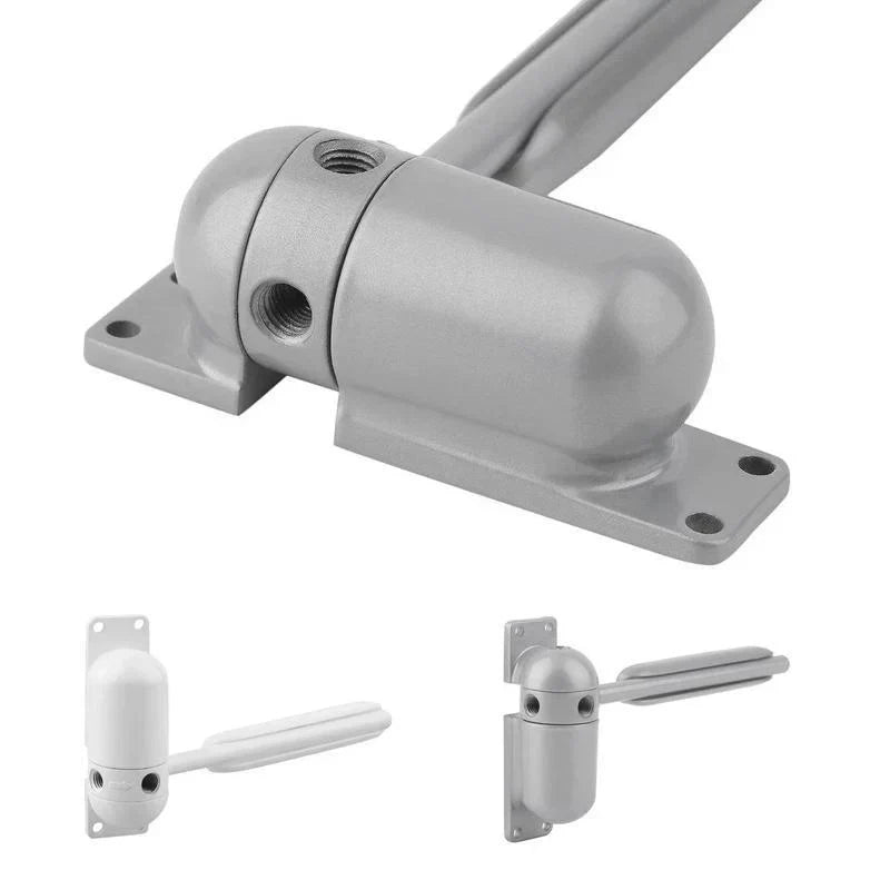 Mécanisme de porte automatique gris, fermeture douce et silencieuse, sécurisé pour maison moderne; prévient les courants d'ai