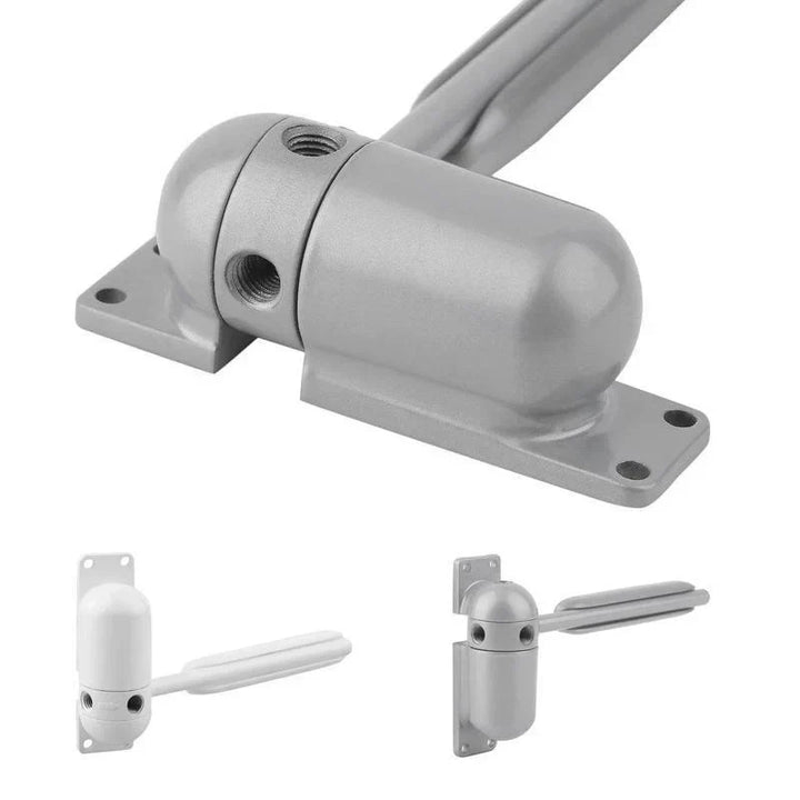 Mécanisme de porte automatique gris, fermeture douce et silencieuse, sécurisé pour maison moderne; prévient les courants d'ai