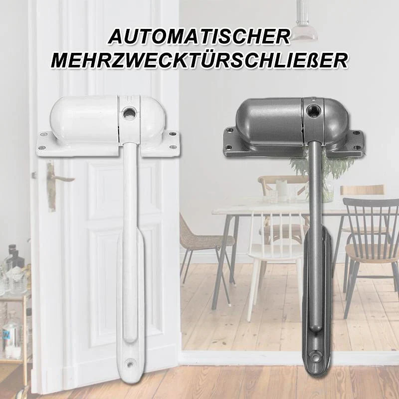 Mécanisme de porte automatique gris, fermeture douce et silencieuse, sécurisé pour maison moderne; prévient les courants d'ai