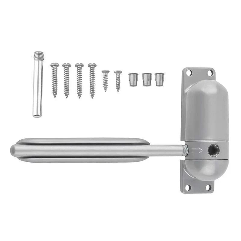 Mécanisme de porte automatique gris, fermeture douce et silencieuse, sécurisé pour maison moderne; prévient les courants d'ai