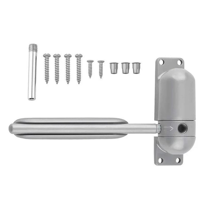 Mécanisme de porte automatique gris, fermeture douce et silencieuse, sécurisé pour maison moderne; prévient les courants d'ai