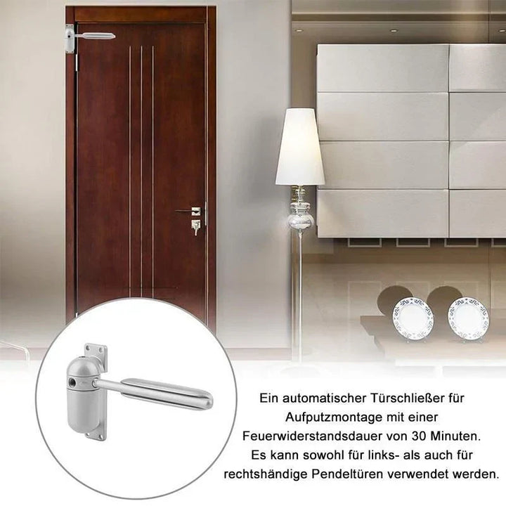 Mécanisme de porte automatique gris, fermeture douce et silencieuse, sécurisé pour maison moderne; prévient les courants d'ai