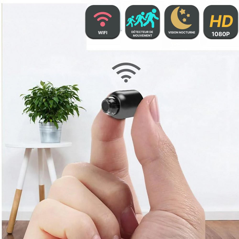 "Mini caméra espion sans fil, compacte, qualité HD, idéale pour surveillance discrète intérieure et extérieure."