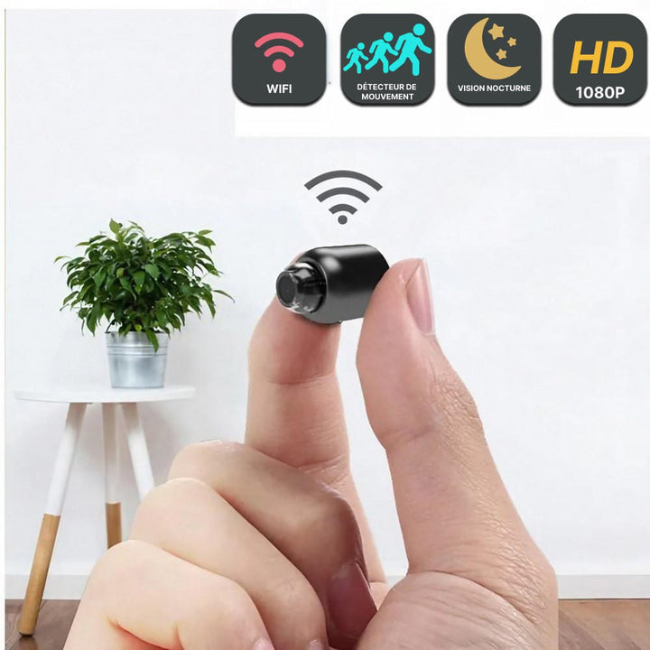 "Mini caméra espion sans fil, compacte, qualité HD, idéale pour surveillance discrète intérieure et extérieure."