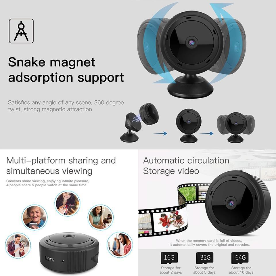 "Mini caméra Wi-Fi HD 1080P compacte, noir, avec vision nocturne et détection de mouvement pour sécurité discrète"