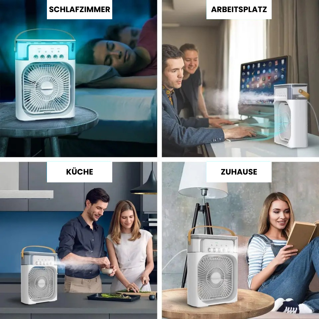 "Mini-climatiseur portable blanc, compact, rechargeable, idéal pour l'été, avec design moderne, sur surface de bureau."