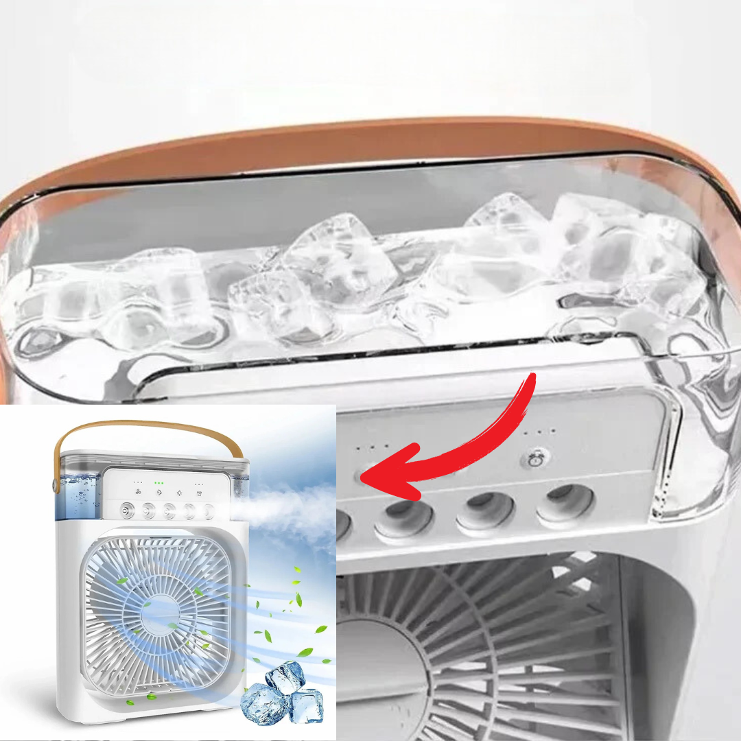 "Mini-climatiseur portable blanc, compact, rechargeable, idéal pour l'été, avec design moderne, sur surface de bureau."
