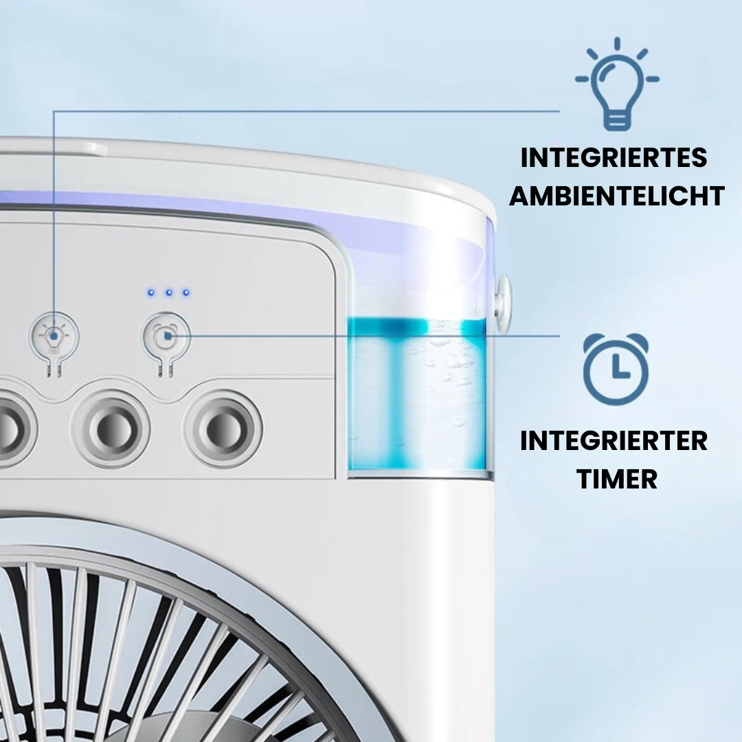 "Mini-climatiseur portable blanc, compact, rechargeable, idéal pour l'été, avec design moderne, sur surface de bureau."