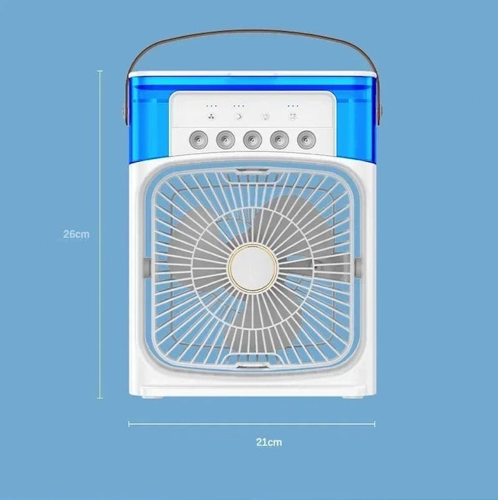 "Mini-climatiseur portable blanc, compact, rechargeable, idéal pour l'été, avec design moderne, sur surface de bureau."