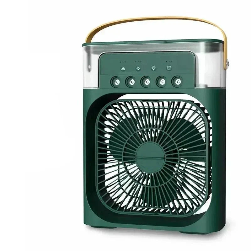"Mini-climatiseur portable blanc, compact, rechargeable, idéal pour l'été, avec design moderne, sur surface de bureau."