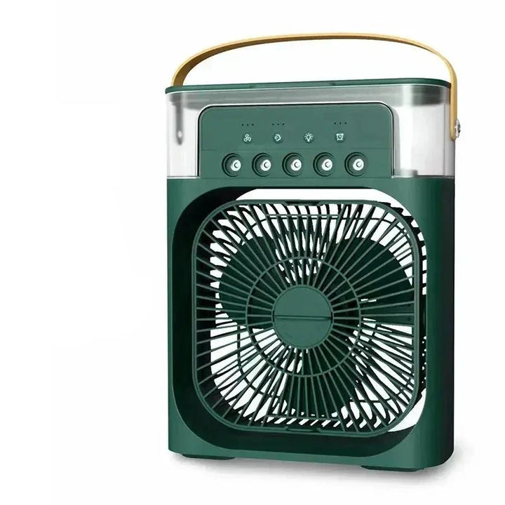 "Mini-climatiseur portable blanc, compact, rechargeable, idéal pour l'été, avec design moderne, sur surface de bureau."