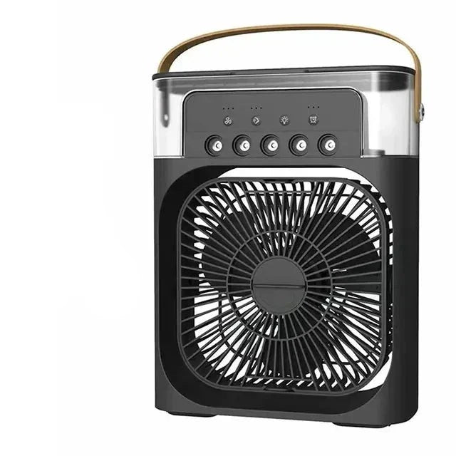 "Mini-climatiseur portable blanc, compact, rechargeable, idéal pour l'été, avec design moderne, sur surface de bureau."