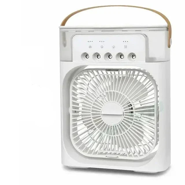 "Mini-climatiseur portable blanc, compact, rechargeable, idéal pour l'été, avec design moderne, sur surface de bureau."