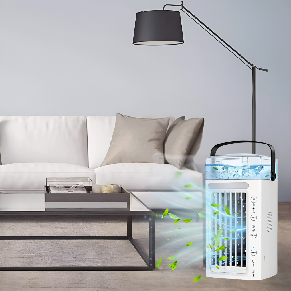 "Mini climatiseur portable compact et léger sur table, design géométrique, idéal pour rafraîchissement personnel rapide."