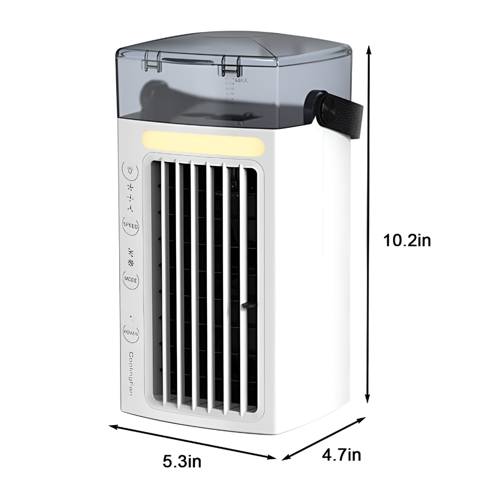 "Mini climatiseur portable compact et léger sur table, design géométrique, idéal pour rafraîchissement personnel rapide."