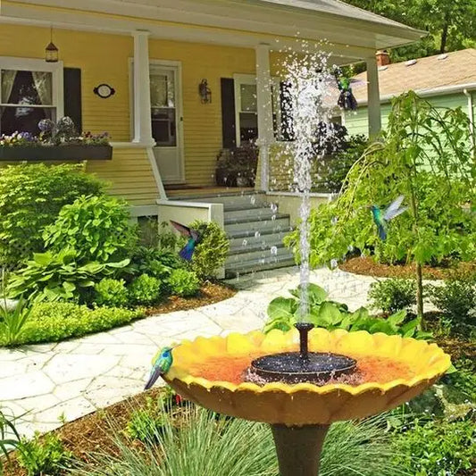 "Mini fontaine solaire flottante, éco-responsable, 6 jets variés, design compact pour jardins, sans câbles visibles."