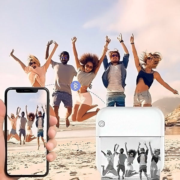 "Mini imprimante thermique sans fil Bluetooth compacte, impression mobile sans encre, idéale smartphone, photos, notes."