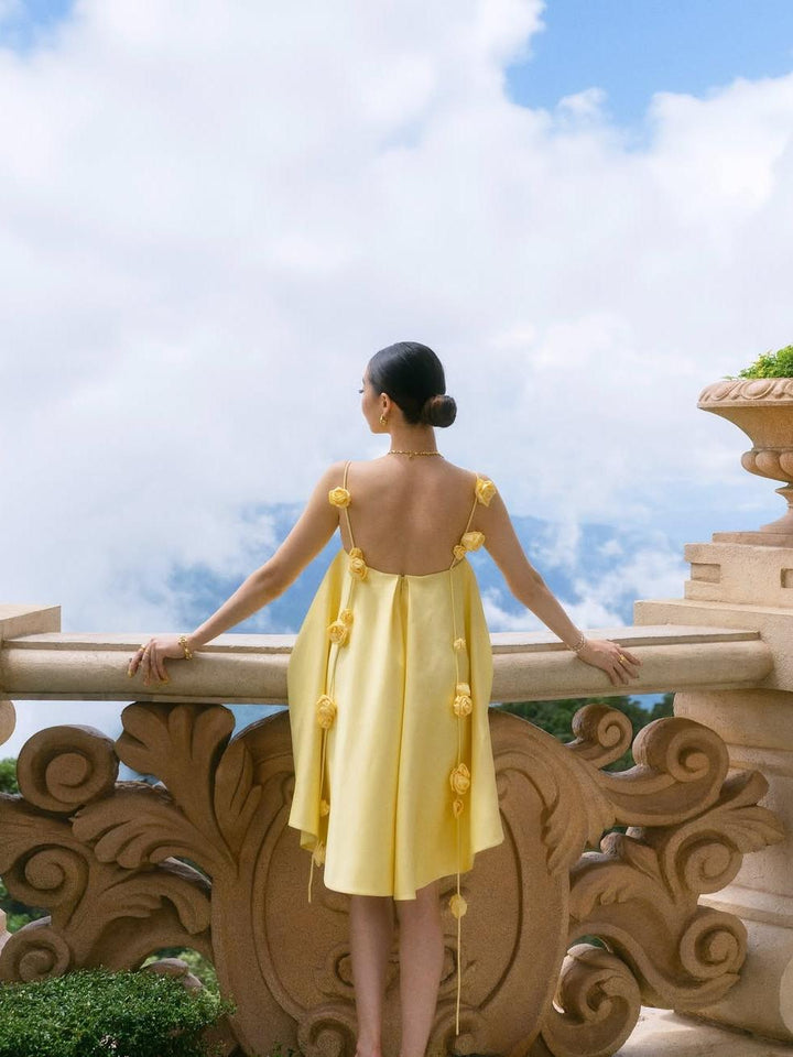 "Mini robe Amélie avec bretelles roses 3D, silhouette A, style romantique et élégance féminine."