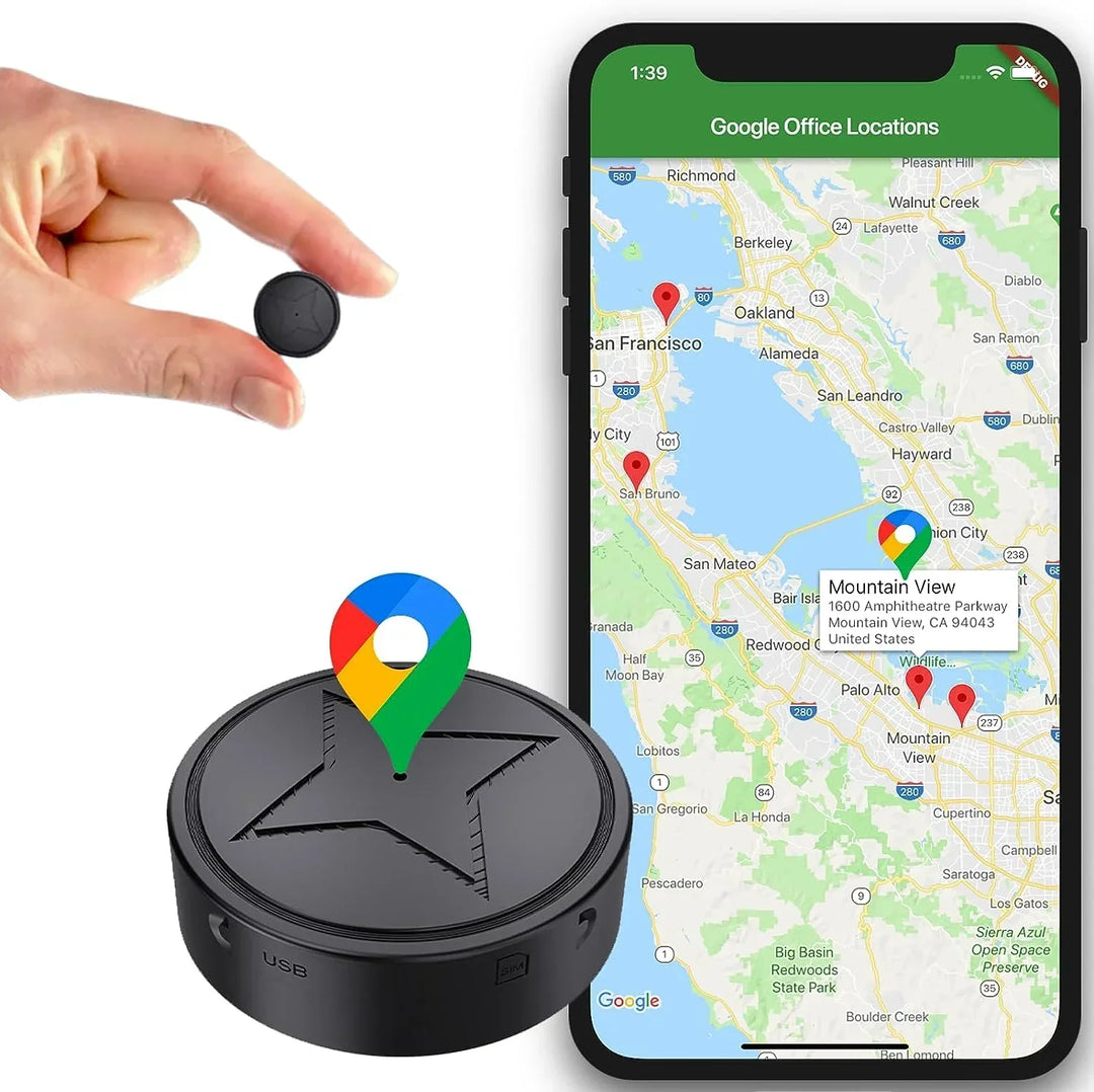 MiniTrack GPS compact et magnétique, noir, suivi précis en temps réel, facile à installer sur surfaces métalliques.