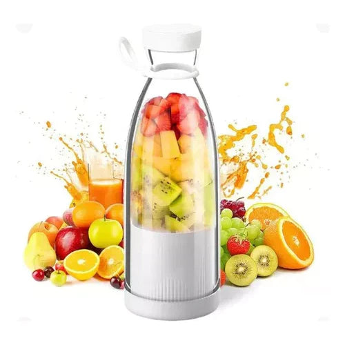 "Mixeur à smoothies portable compact avec récipient et bouchon, design moderne blanc sur fond blanc"