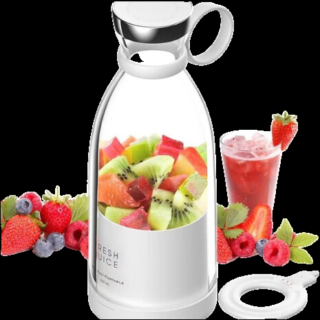 "Mixeur à smoothies portable compact avec récipient et bouchon, design moderne blanc sur fond blanc"