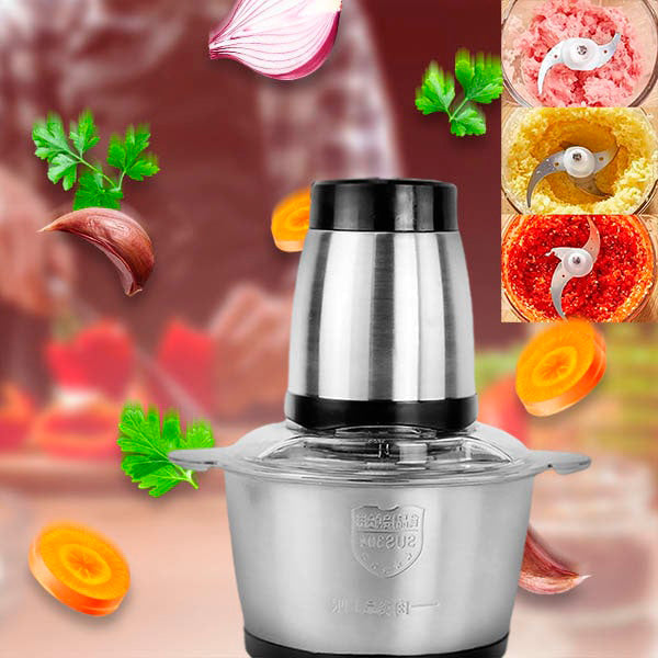 Mixeur puissant en acier inoxydable pour hacher viandes et légumes, design ergonomique et nettoyage facile.