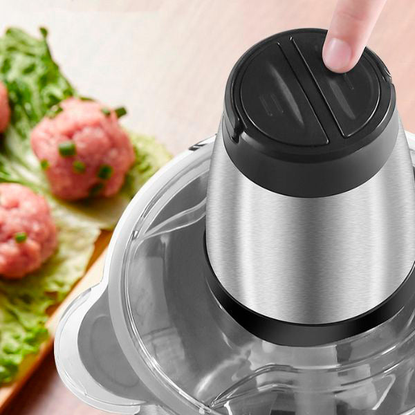Mixeur puissant en acier inoxydable pour hacher viandes et légumes, design ergonomique et nettoyage facile.