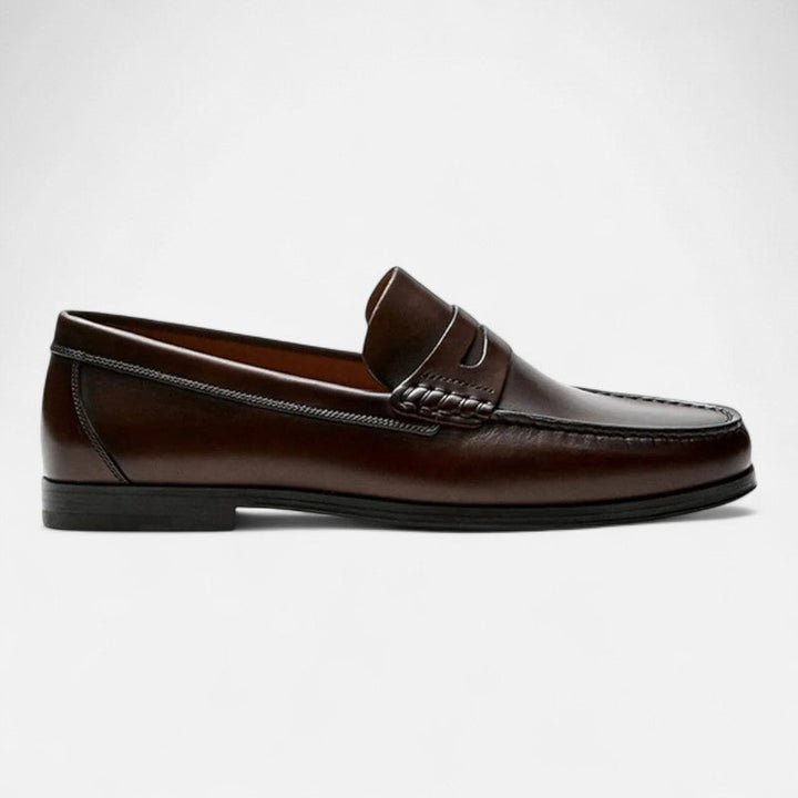 "Mocassins en cuir brun pour hommes, élégants avec coutures détaillées, intérieur confortable et semelle antidérapante."