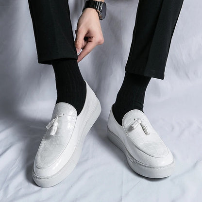 "Mocassins en cuir marron pour hommes, élégants et confortables, sur fond blanc."