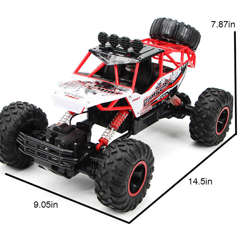 "Monster Truck RC 4x4 rouge sur terrain rocailleux, suspension robuste et pneus antidérapants pour aventures extrêmes."