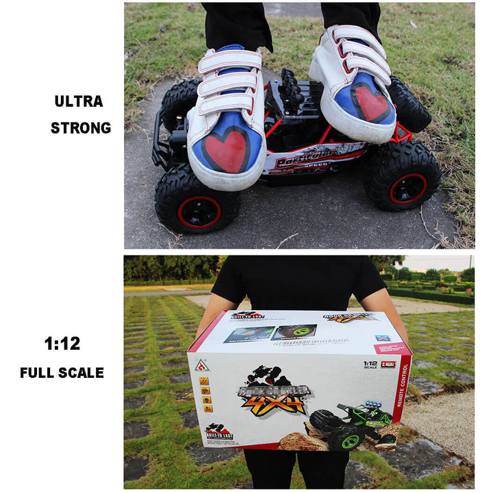 "Monster Truck RC 4x4 rouge sur terrain rocailleux, suspension robuste et pneus antidérapants pour aventures extrêmes."