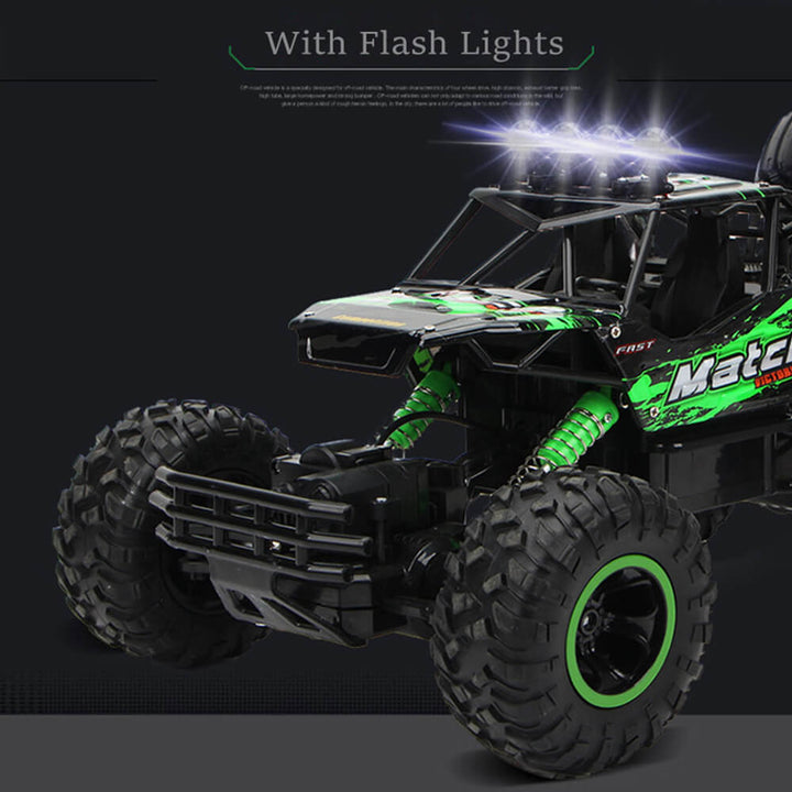 "Monster Truck RC 4x4 rouge sur terrain rocailleux, suspension robuste et pneus antidérapants pour aventures extrêmes."