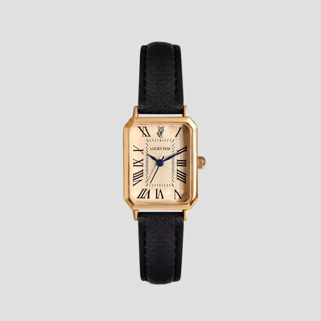 Montre carrée élégante avec boîtier doré et bracelet cuir texturé pour style classique et sophistication féminine.