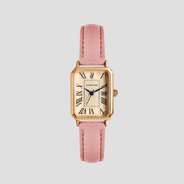 Montre carrée élégante avec boîtier doré et bracelet cuir texturé pour style classique et sophistication féminine.