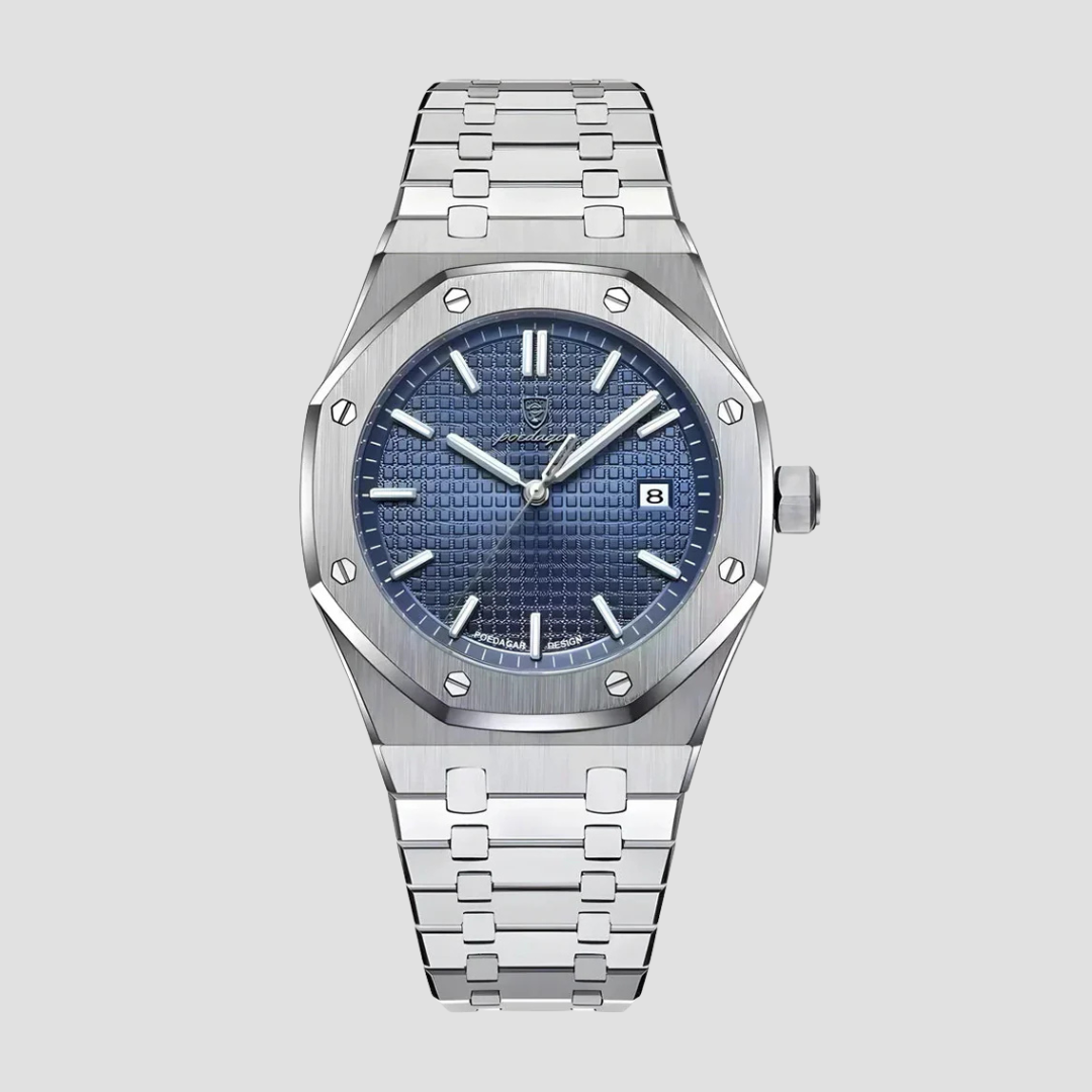 "Montre classique moderne en acier inoxydable, boîtier de 41 mm, bracelet intégré, verre saphir résistant aux rayures."