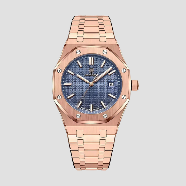 "Montre classique moderne en acier inoxydable, boîtier de 41 mm, bracelet intégré, verre saphir résistant aux rayures."