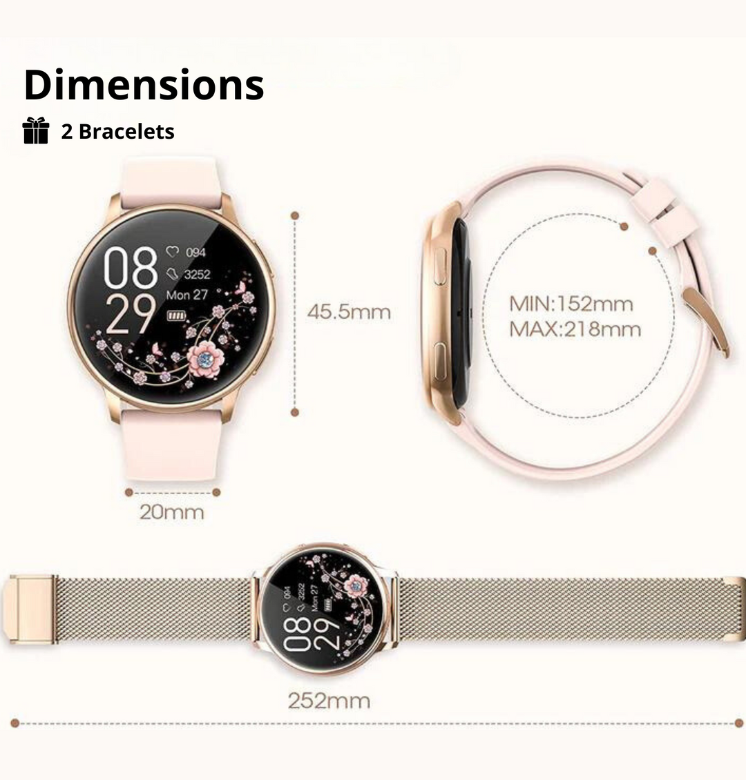 Montre connectée élégante avec écran tactile, couleurs argent et or, bracelet ajustable, s'intègre à chaque tenue.