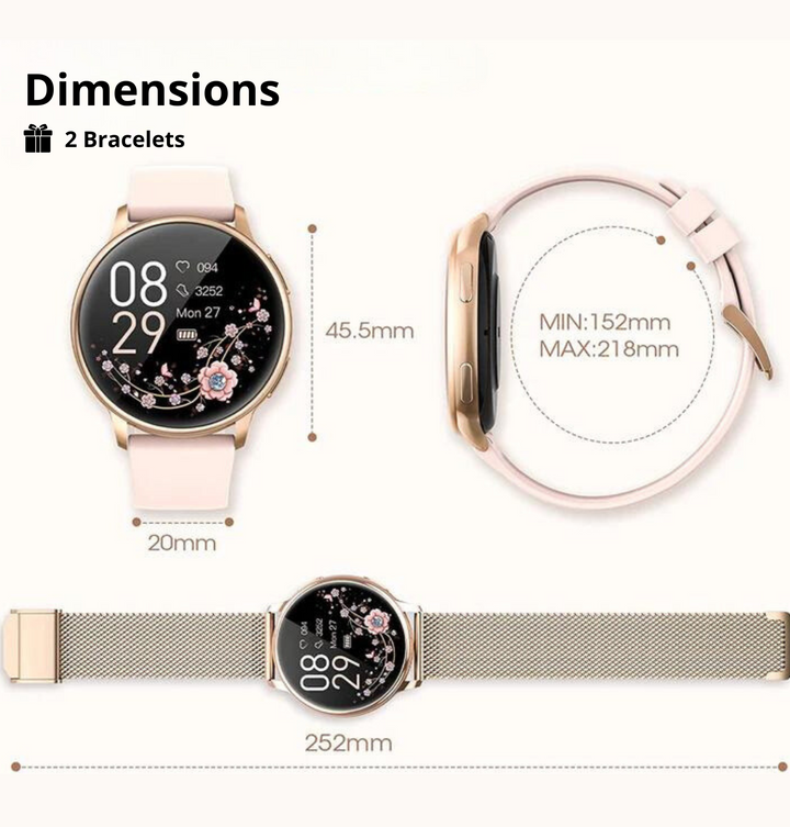 Montre connectée élégante avec écran tactile, couleurs argent et or, bracelet ajustable, s'intègre à chaque tenue.