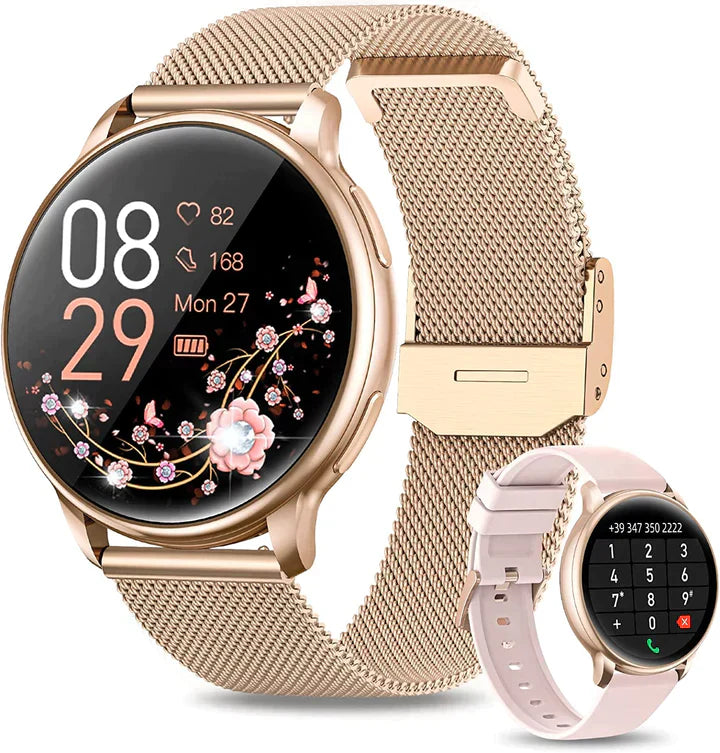 Montre connectée élégante avec écran tactile, couleurs argent et or, bracelet ajustable, s'intègre à chaque tenue.