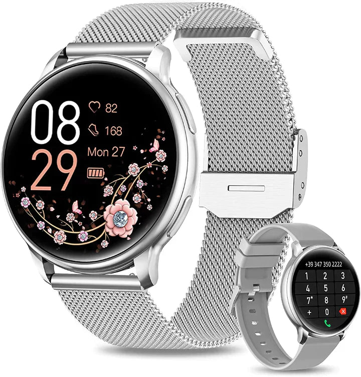 Montre connectée élégante avec écran tactile, couleurs argent et or, bracelet ajustable, s'intègre à chaque tenue.