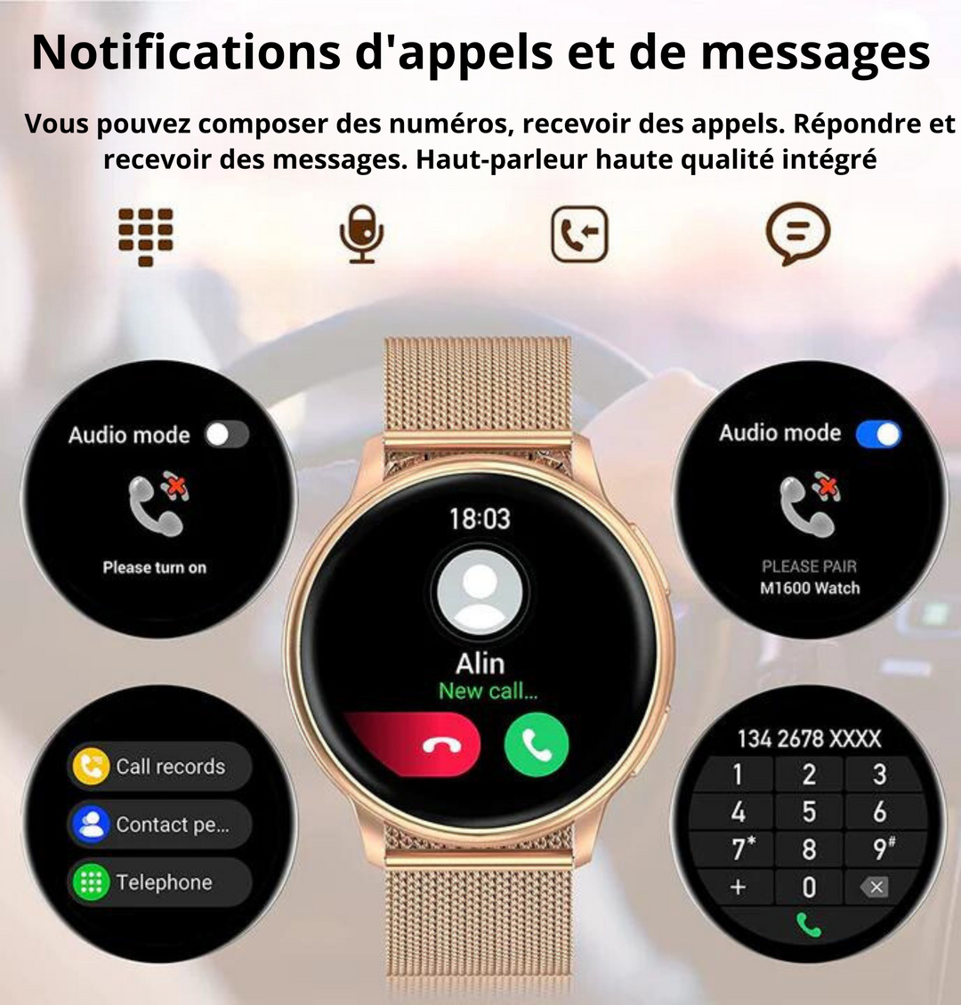 Montre connectée élégante avec écran tactile, couleurs argent et or, bracelet ajustable, s'intègre à chaque tenue.