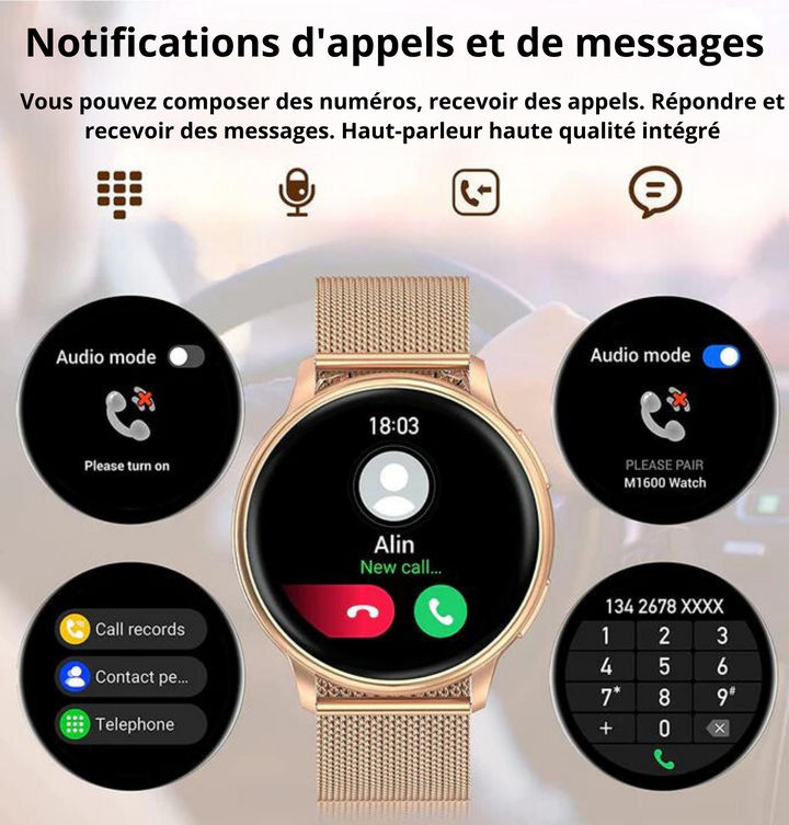 Montre connectée élégante avec écran tactile, couleurs argent et or, bracelet ajustable, s'intègre à chaque tenue.