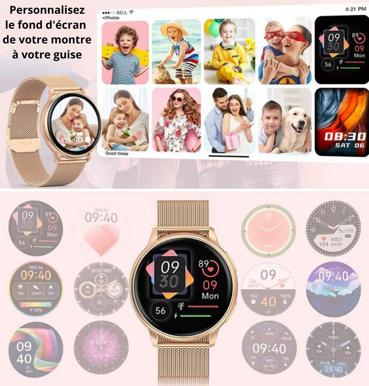 Montre connectée élégante avec écran tactile, couleurs argent et or, bracelet ajustable, s'intègre à chaque tenue.