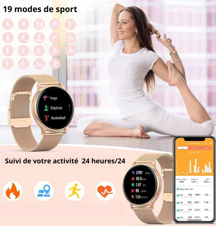 Montre connectée élégante avec écran tactile, couleurs argent et or, bracelet ajustable, s'intègre à chaque tenue.